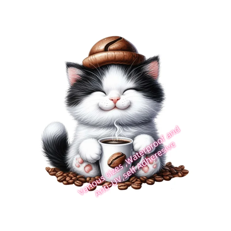Three Ratels X47 Car Sticker Adorable Cat Coffee Sticker Weatherproof Outdoor Vinyl Sticker Customizable Laptop decals