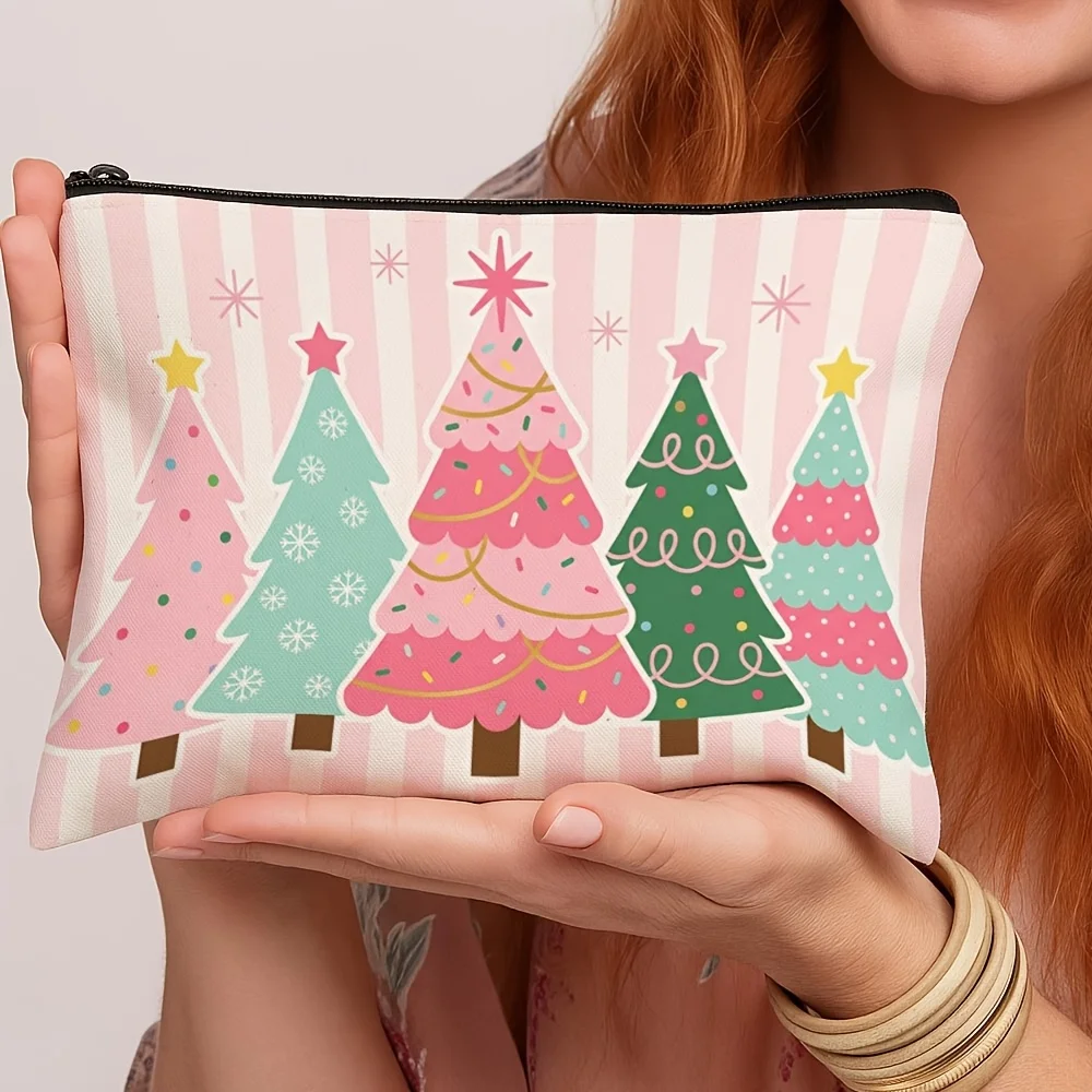 Pink Christmas Tree Makeup Bag Pink White Stripe Cute Xmas Tree Print Zipper Cosmetic Pouch Travel Storage Bag Holiday Gift