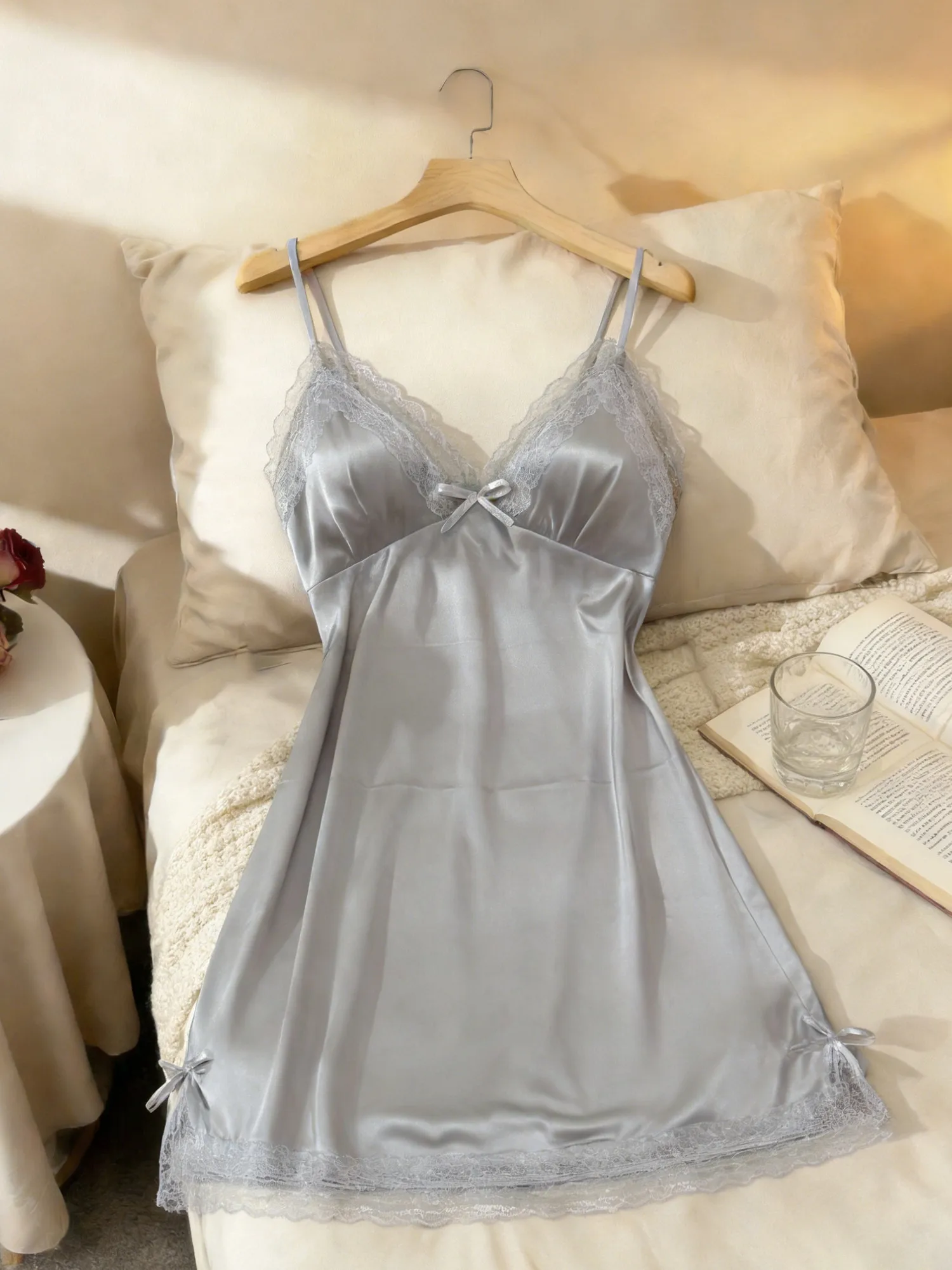 Women Lace Trim Camisole Nightgown V Neck Sleeveless Sleep Dress Soft Solid Color Sleepwear Loungewear Valentine Gift image 3