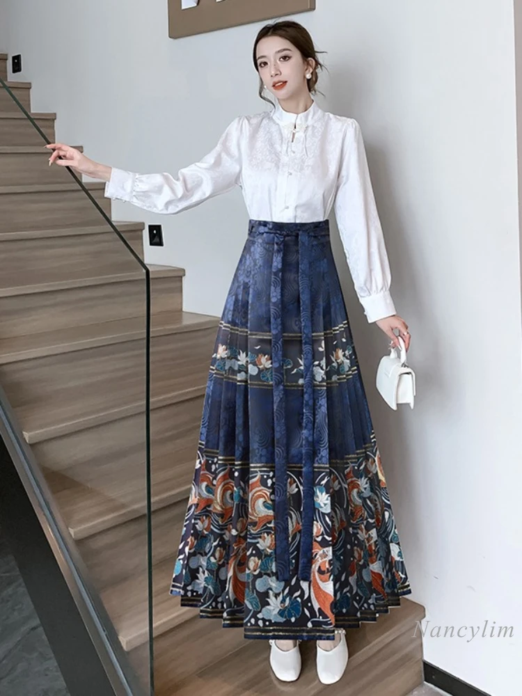 New Chinese Style Horse-Face Skirt Suit Women\'s Spring Clothing 2024 New Daily Improved Hanfu White Blouse Match Long Skirts