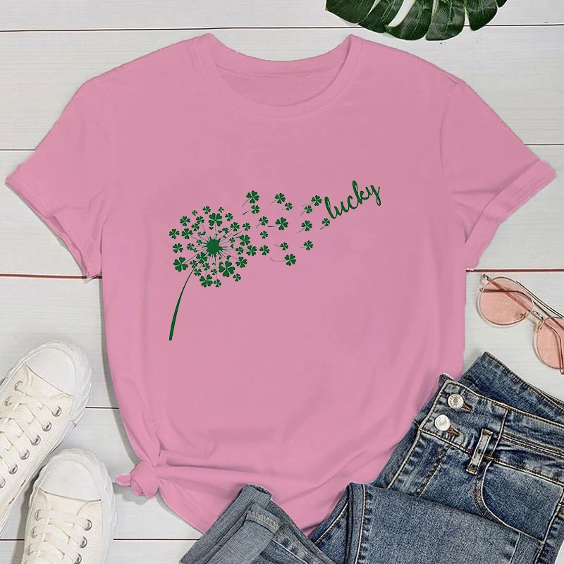 (Premium T-shirt)Funny St. Patrick'S Day Dandelion Lucky Printed T-Shirts For Women Summer Short Sleeve Round Neck Cute Loose T