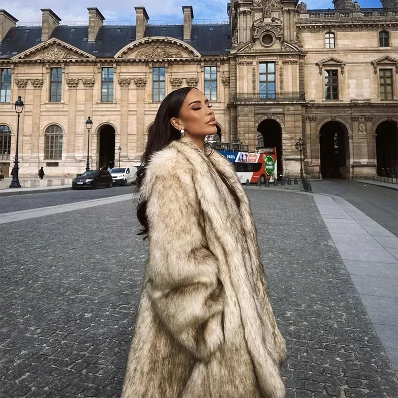 Luxurious Fashion Lapel Faux Fur Midi Coat Women Street Long Sleeve Oversize Cardigan Jacket Winter Thick Warm Female Outerwear