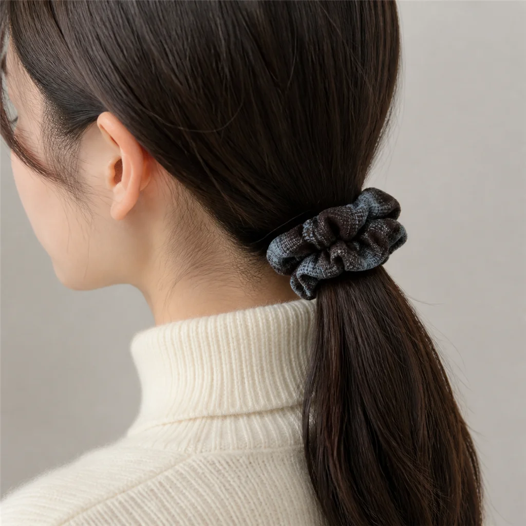 Mint Chocolate Blue Brown Double-Layer Scrunchie Handmade Elastic Hair Tie for Ponytail and Bun