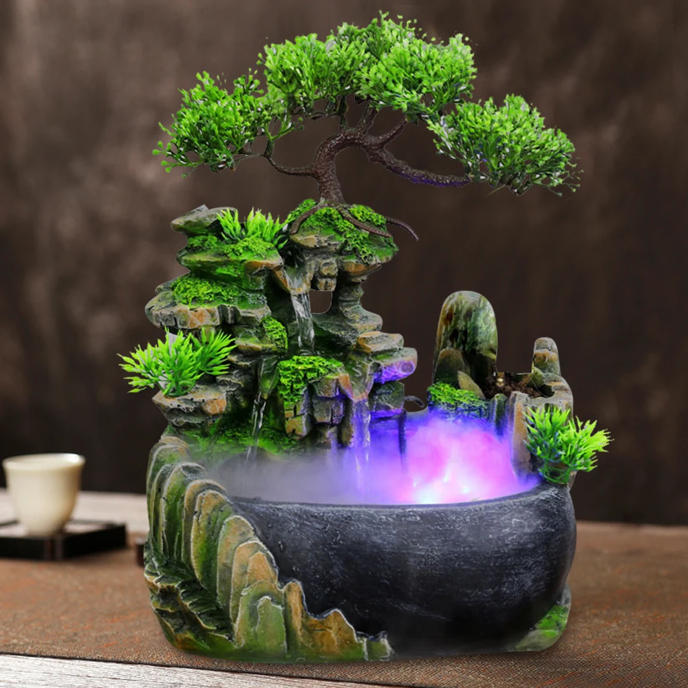 Atomizing Rockery Water Fountain Desktop Chinese Fengshui LED Lamp Waterfall