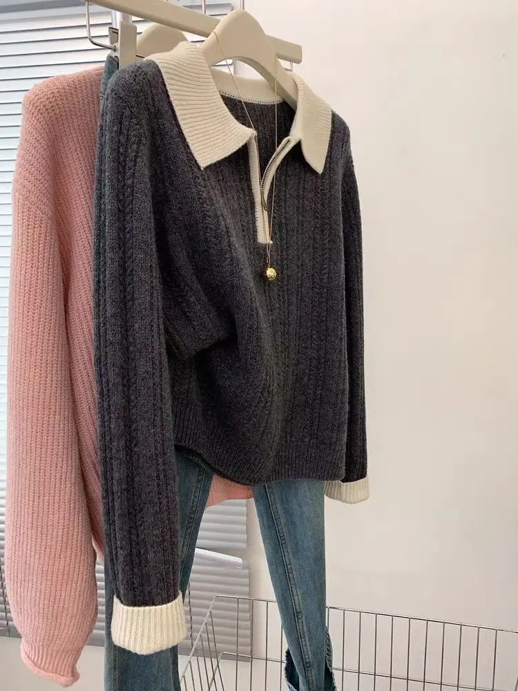 

Vintage Casual Color Blo Knitwear Collared Top for Women Spring Autumn Simple Versatile Loose Fit Long Sve Home Wear