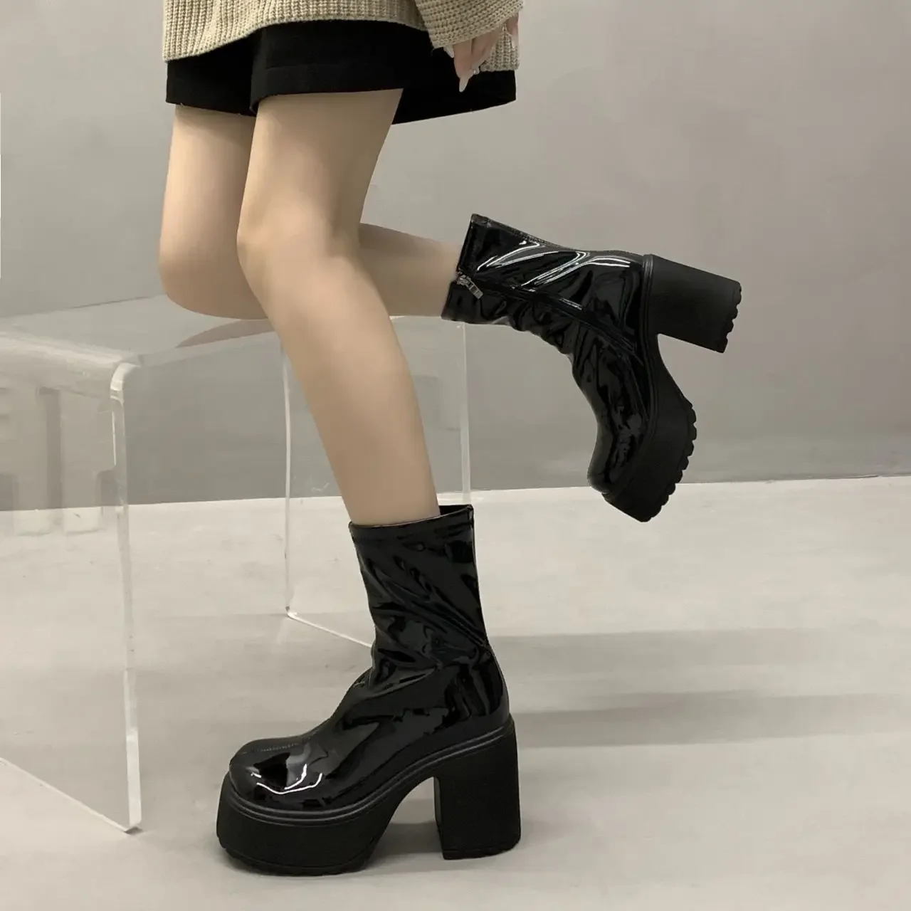 

Черные женские ботильоны, увеличивающие рост, простые готические ботильоны, обувь высокого качества Y2k Trend 2025 Pu 39, женские короткие туфли