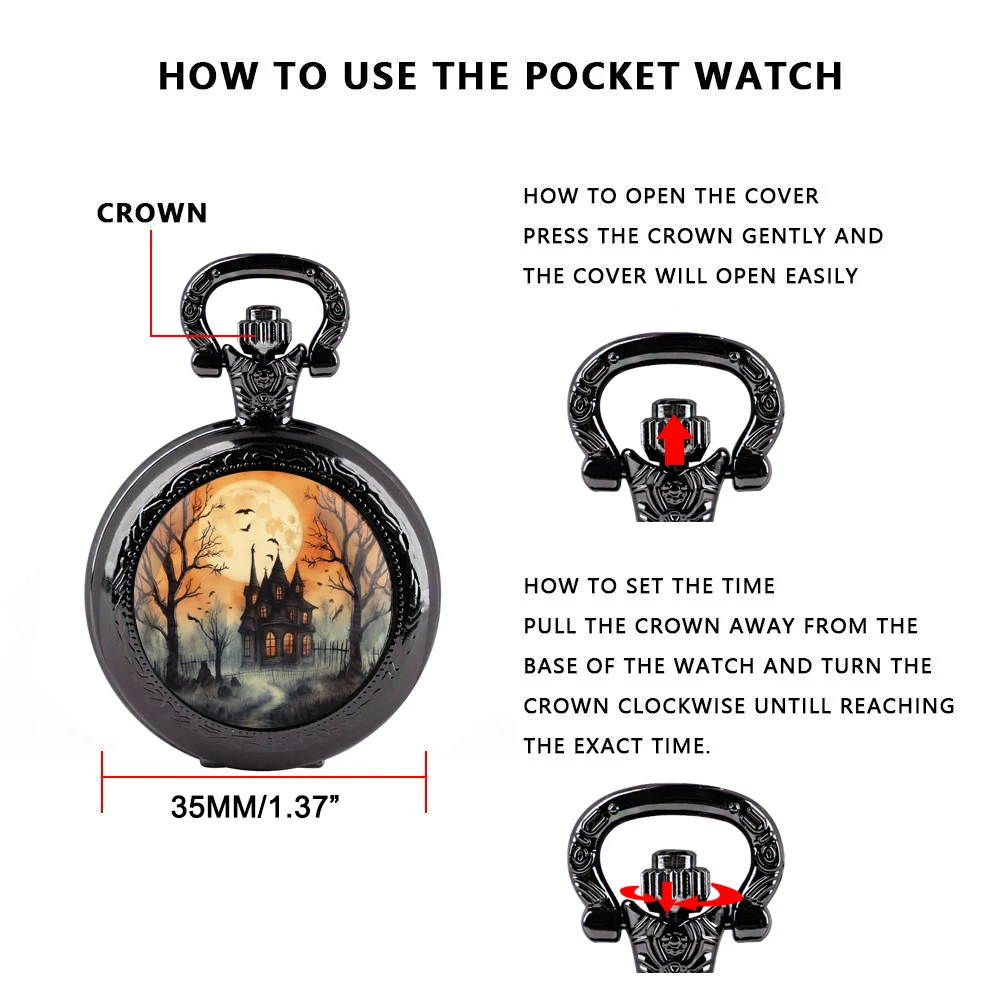 Halloween Cosplay Castle Glass Dome Quartz Pocket Watch With Durable Chain Arabic Numeral Dial Creative Gifts for Men Women