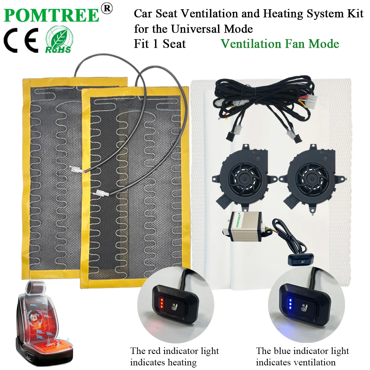 

DC 12V Universal Built-in Car Seat Ventilation And Heating Kit Fit 1 Seat,Include 3-level Co Pilot Switch For Car Modification
