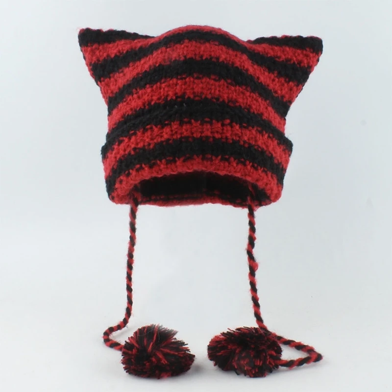 Crochet Stripe Pattern Ear Hat with Pom Pom Winter Knitted Hat Winter Christmas Presents for Students Teenagers