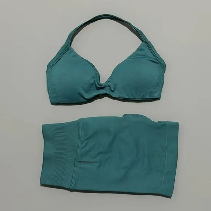 HISTELLO Gym Set 2-delige dames yoga bh met bandjes Top Workout Scrunch Shorts Sportpak Fitnesskleding Naadloze yogaset