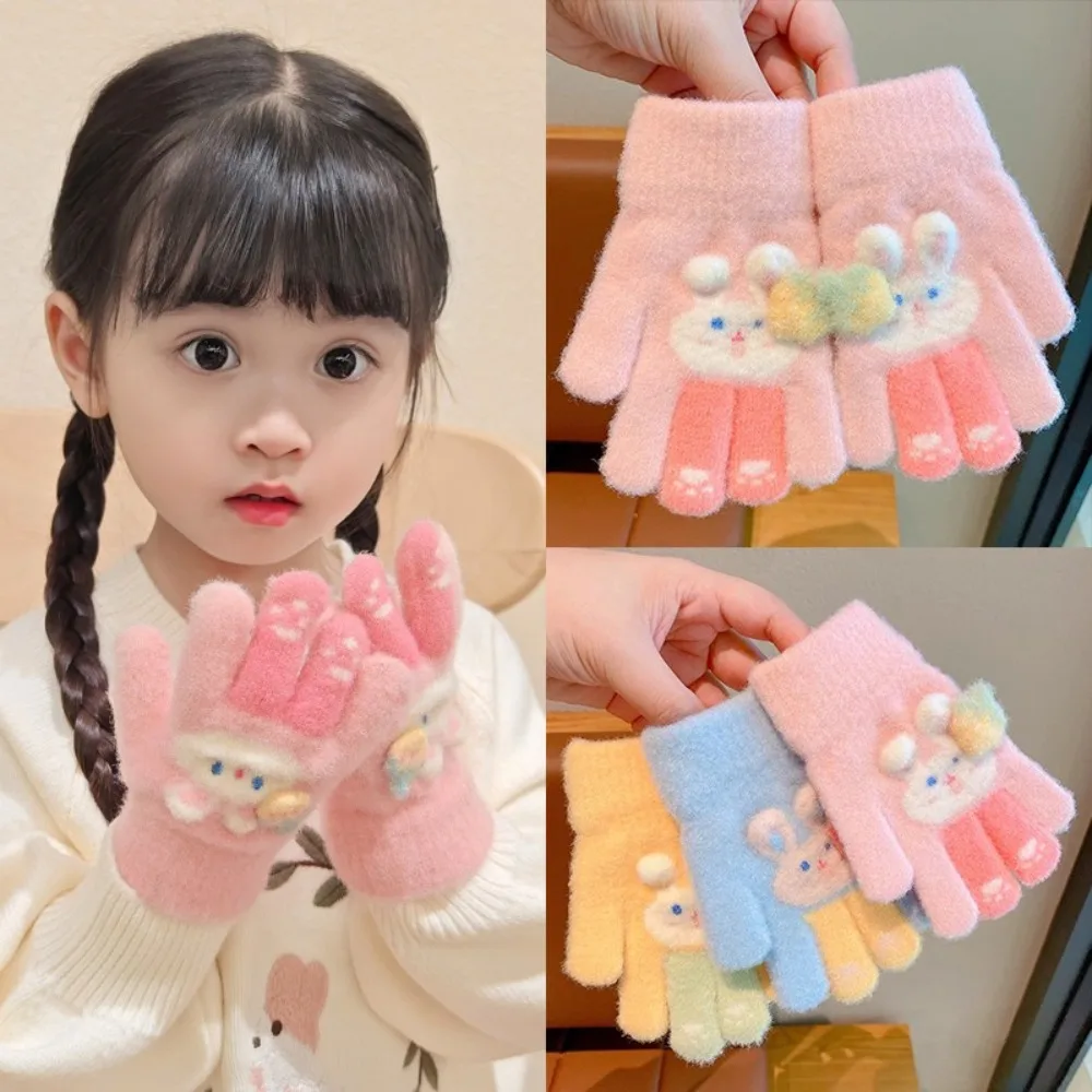 

Вязаные перчатки с милым мультяшным кроликом, утолщенные зимние теплые детские перчатки с длинными пальцами, спортивные ветрозащитные перчатки на открытом воздухе
