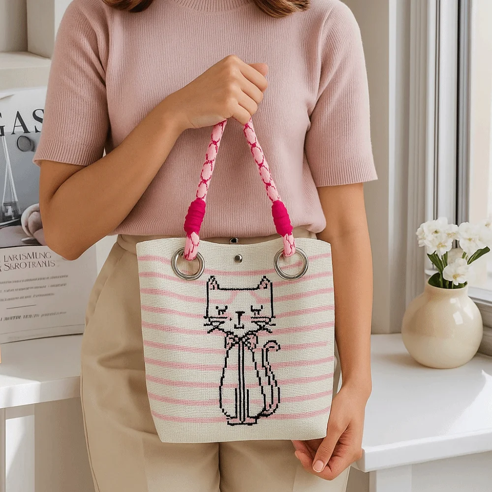 

Casual Portable Knitted Wrist Bag Butterfly Purse Floral Knit Handbag Trendy Printed Weave Bucket Bag Student