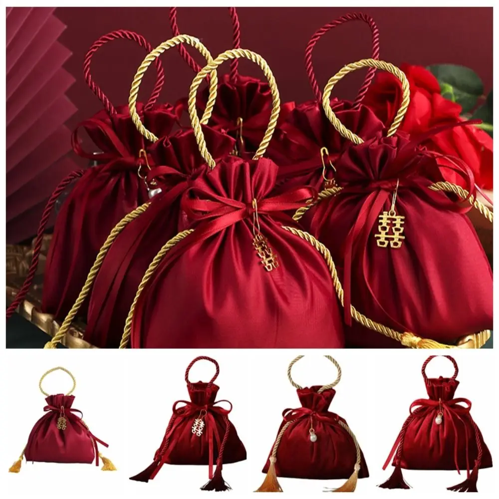 Velvet Drawstring Candy Bag Non-woven Fabrics With Drawstring and Tassels Flannel Gift Bag Wine Red Exquisite