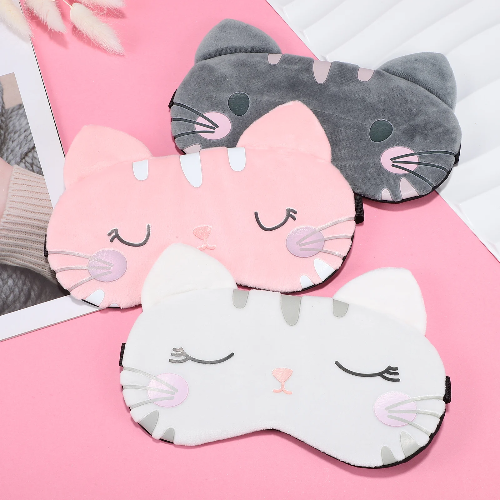 

3pcs Sleep Mask for Sleeping Cartoon Cat Eye Cover Lightweight Soft Breathable Blindfold for Men Women Pink White Gray