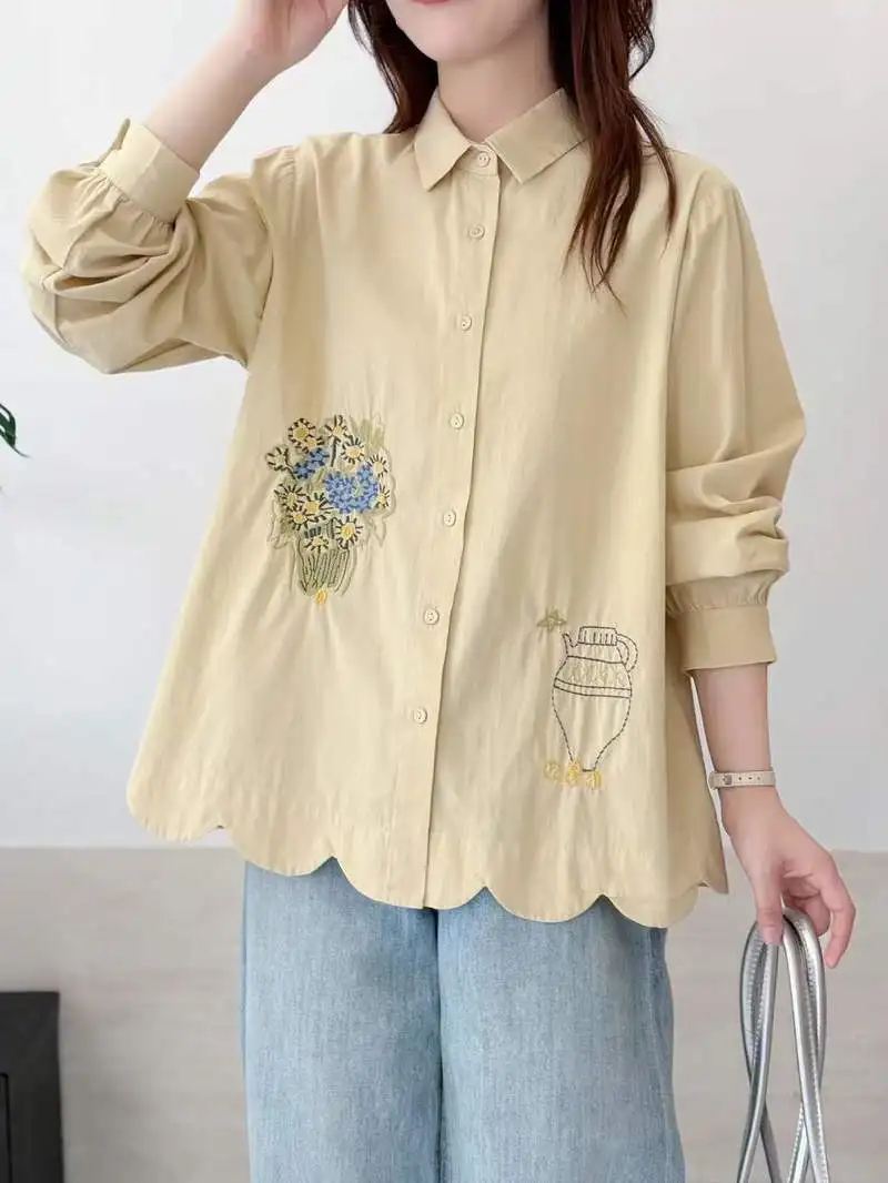 

New 2025 Winter Cotton Long Sleeve Shirt, Women Turn-down Collar Embroidery, Mori Girl French Design Sweet Loose Blouse T5N989CC