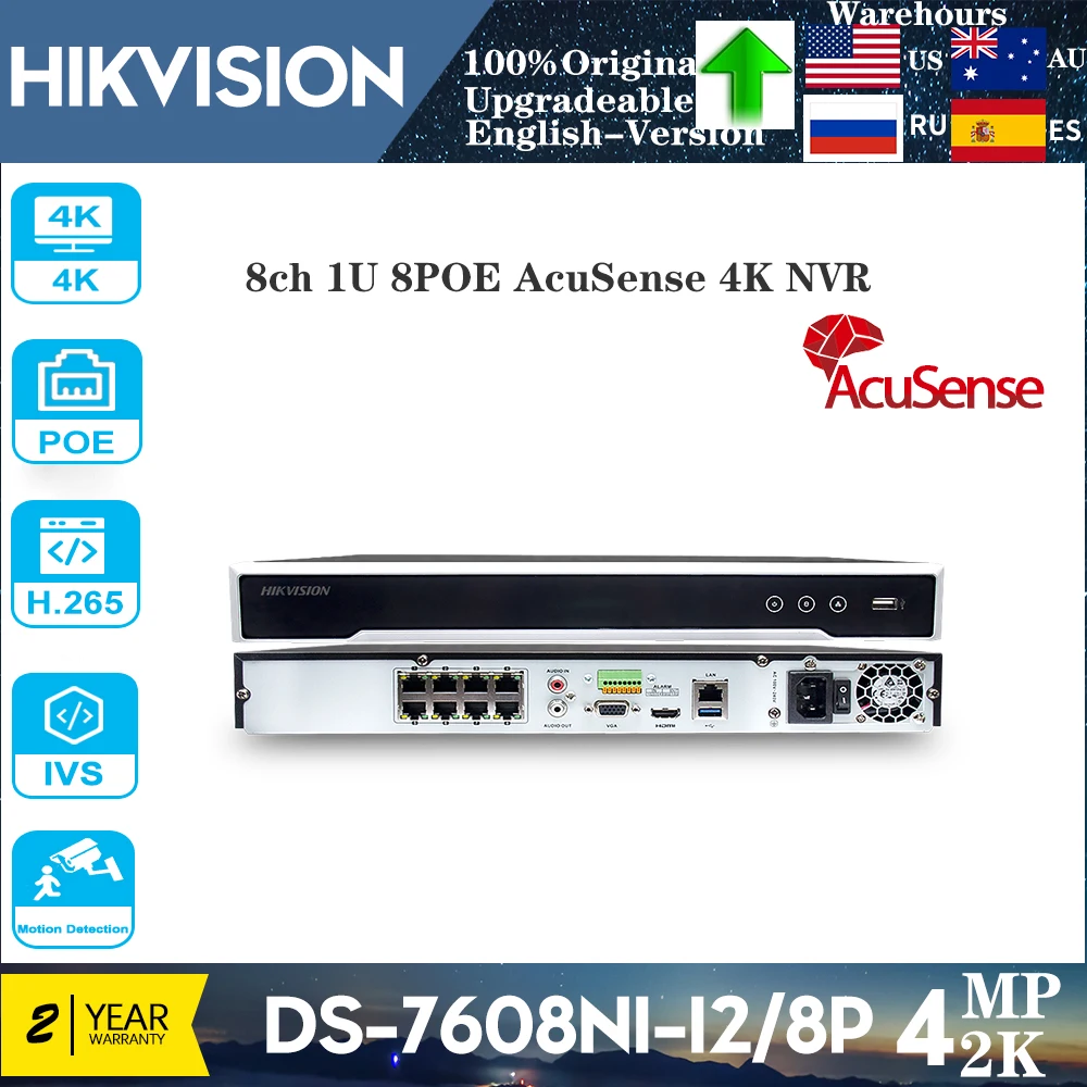 Original Hikvison 4K POE NVR 8CH DS-7608NXI-I2/8P  AcuSense Network Video Recorder Face Detect Surveillance