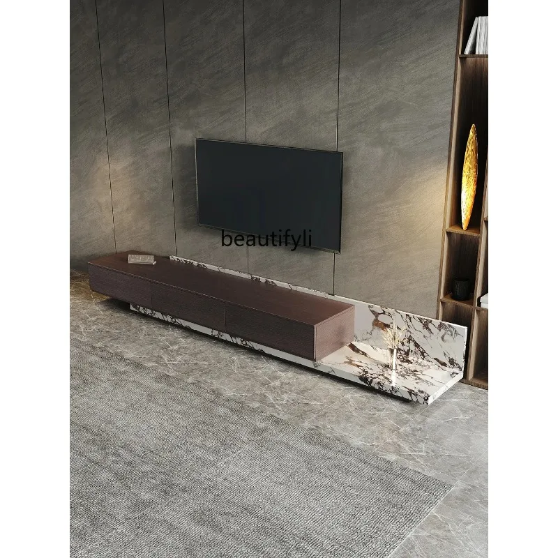 

Light luxury rock slab TV cabinet with walnut TV cabinet, simple wabi sandy wind living room home telescopic TV cabinet