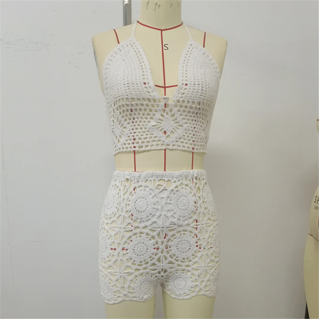 Halterneck, ausgehöhlt, gehäkelt, gestrickt, zweiteiliger Anzug, Strand-Überwurf, Strandshorts, Strandkleidung, Damenmode, V6524 – Detail 11