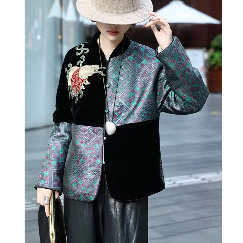 

Эксклюзивный дизайн, осенне-зимняя новинка, шелковая ткань с круглым вырезом, жаккардовая + вышивка, дизайн с цветными блоками, женская хлопковая куртка S-XL