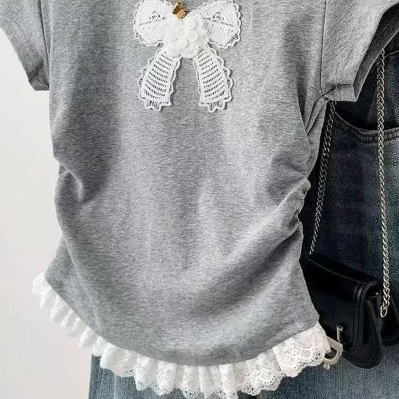 Fanan ريترو القوس الدانتيل قصيرة الأكمام تي شيرت امرأة Y2K جولة الرقبة خياطة تصميم أعلى المرأة الصيف الكورية سليم صالح اقتصاص تيز #4