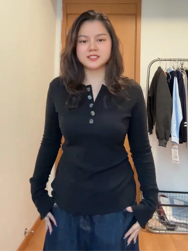 

Женская блузка больших размеров с воротником хенли на пуговицах, с длинным рукавом, базовая, приталенная, осенне-зимняя, модная, универсальная, топ