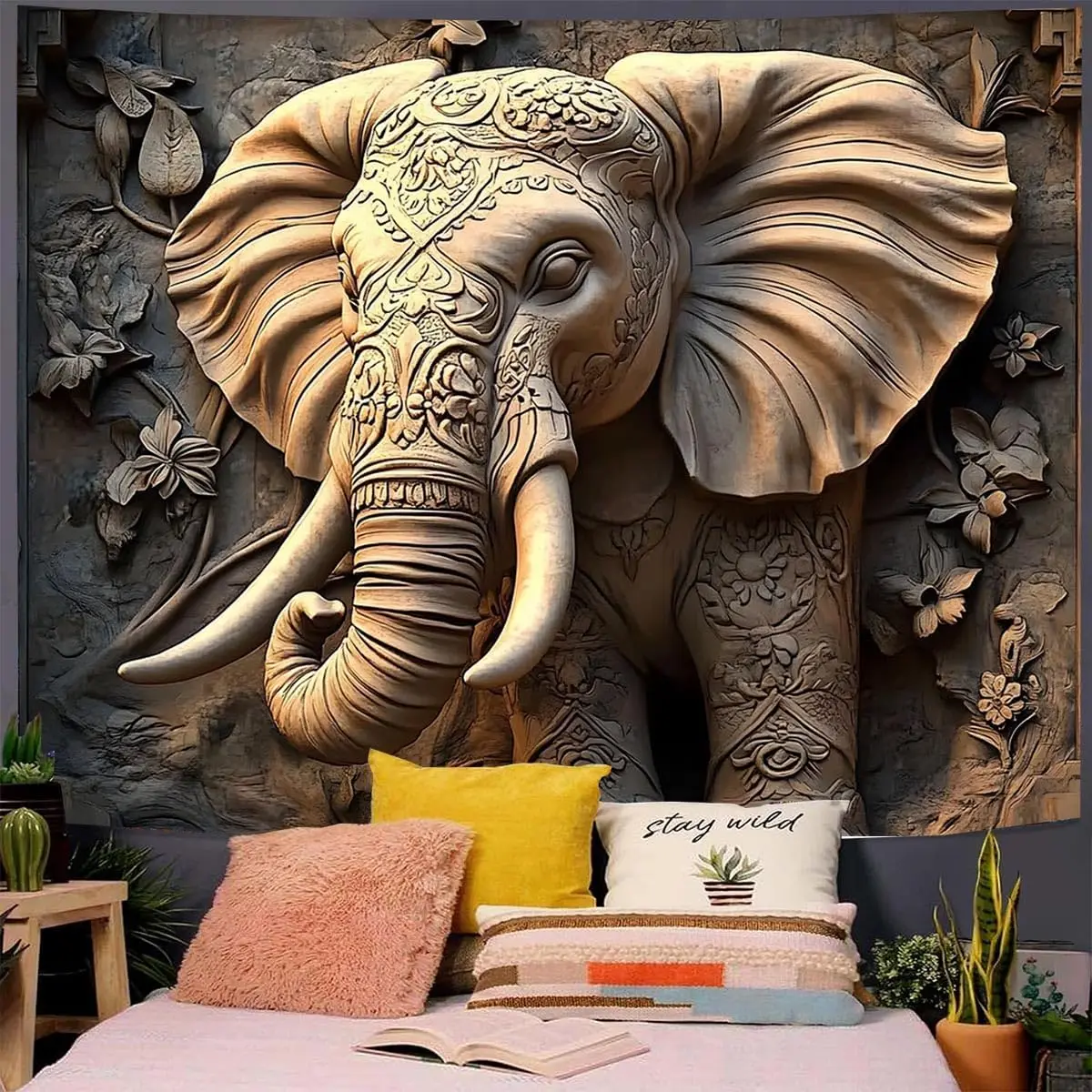 3D Carved Elephant Tapestry,Vintage Stone Relief Style Elephant Print Wall Hanging, Ideal For Spiritual & Boho Living Room Decor