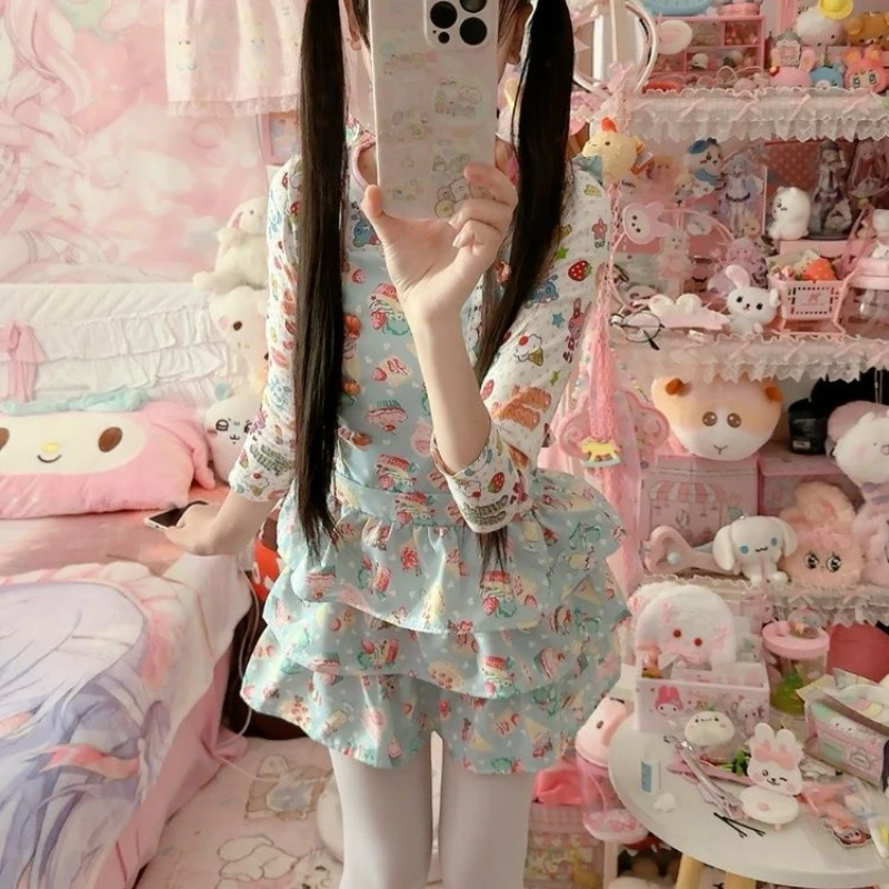 Kawaii Lolita Style Strap Dress Women Cute Print Bow Hooded Princess Ruffle Cake Dresses Japanese Fashion Sweet Party Mini Dress