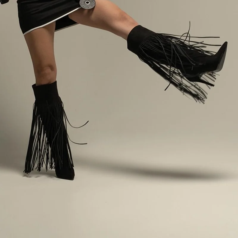 Tassel Suede Solid Knee High Boots Sexy Pointed Toe Stiletto Zipper Customized New Arrivals Fashion Women Modern Boots