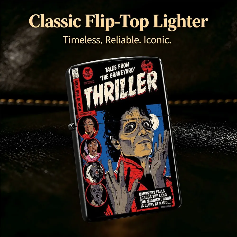 Pocket Lighter, Flip Top Design, Metal Case, Tales from the Graveyard Thriller Print, Windproof Flame, Comfortable Grip, Cool Horror Gift