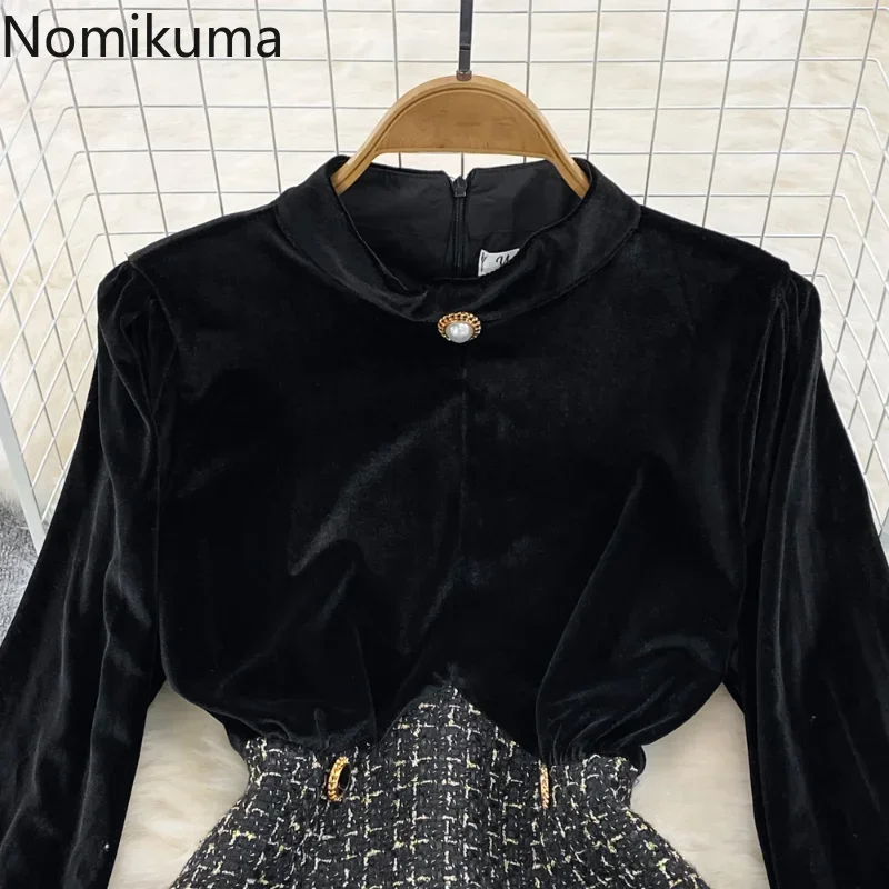 Nomikuma sukienki dla kobiet 2022, jesienno-zimowa latarnia, rękaw ze stójką, szykowna w kratę Vestido Feminino Vintage Fashion Robe Femme