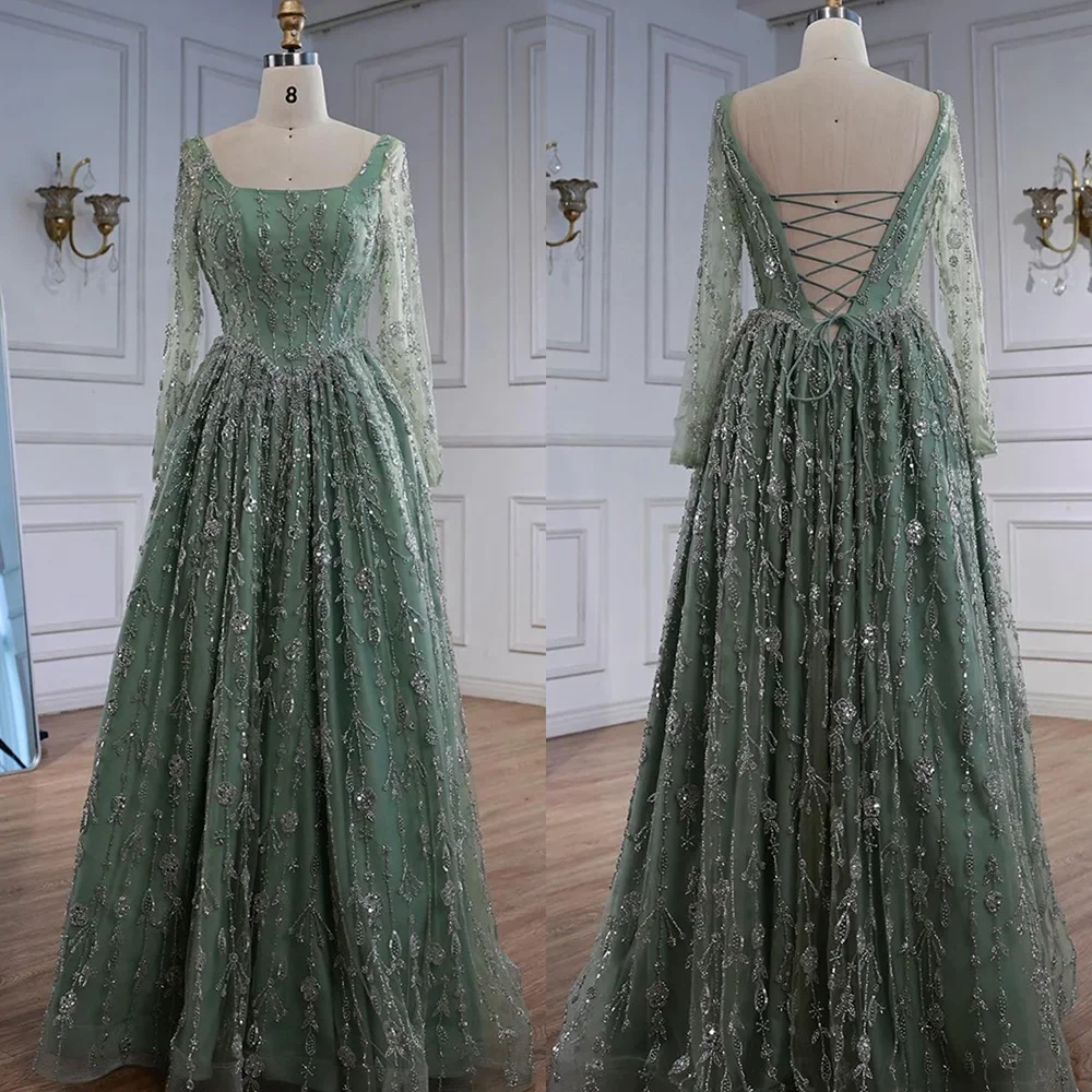 فستان سهرة من SERENE HILL مخصص عربي حكيم أخضر فاخر مطرز على شكل حرف a 2026 بأكمام طويلة وأربطة للنساء فستان الحفلات CLA72805B