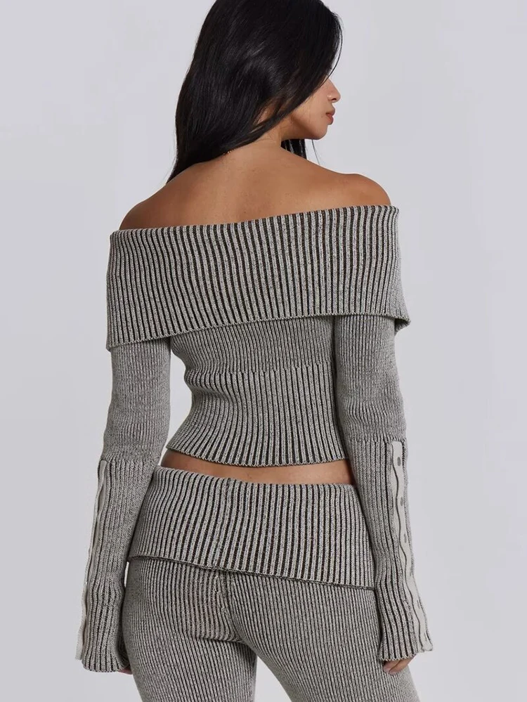 Le Luz Sexy Cropped Sweater Cardigan Gray Off Shoulder Knitted Autumn Winter Long Sleeve Women Ladies Knitwear Sweater Jersey