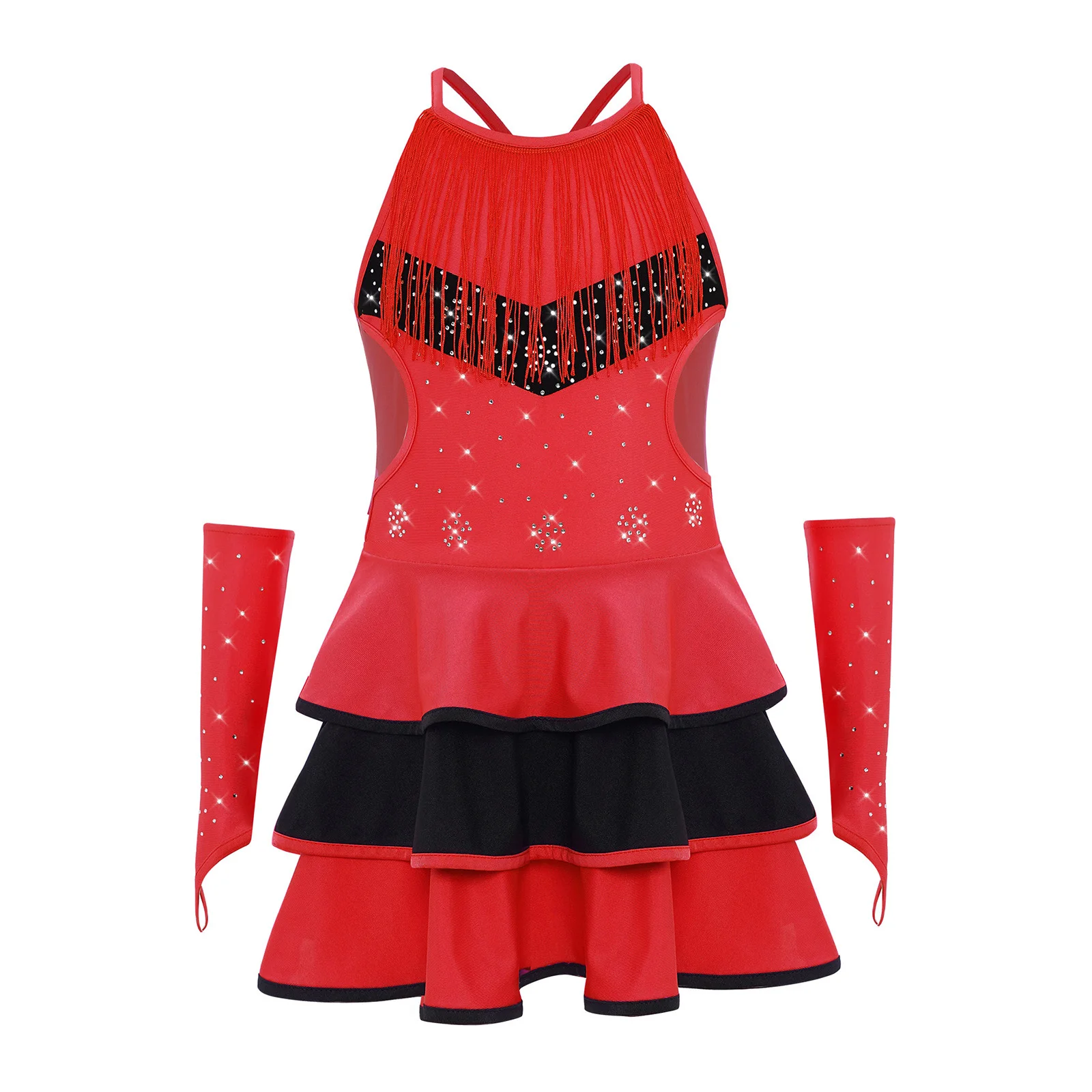 

Kids Girl Tango Cha-cha Latin Dance Dress Outfit Sleeveless Cross Back Cutout Shiny Rhinestones Tassels Dress With Gloves 2Pcs