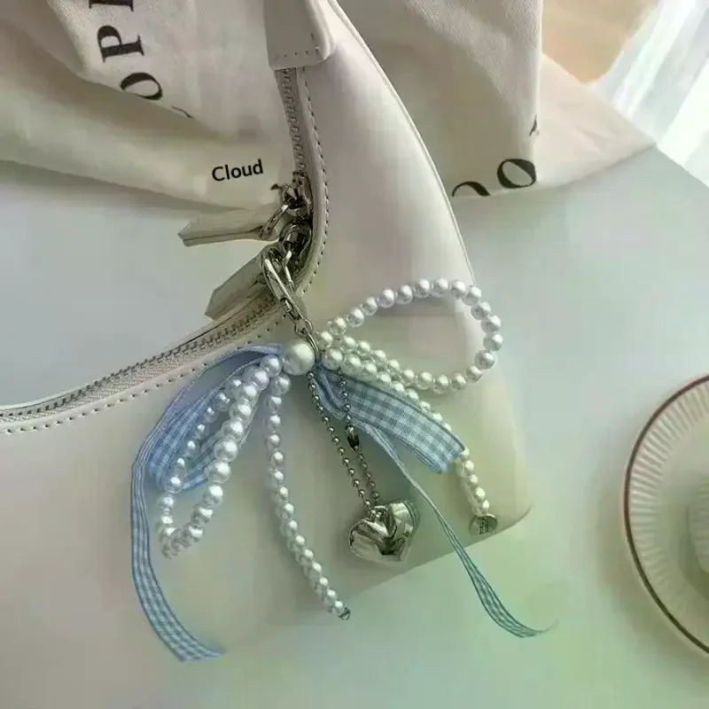 Women’s Designer Bow Keychain-Style Pearl Mobile Charm, Bag Accessory