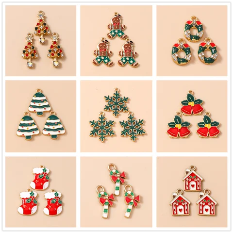 Leslie 10pcs Enamel Christmas Gingerbread Man Charms Christmas Tree Snowman Snowflake Charms DIY Jewelry Accessories