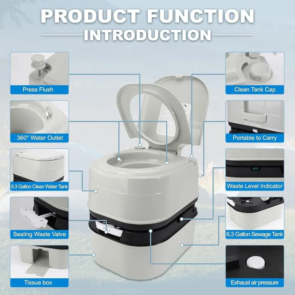 Portable Toilet, 6.4 Gallon 24L Piston Pump Flush with Level indicator Detachable Anti-Leak Handle Water Pump,Rotating Spout Ind view 2