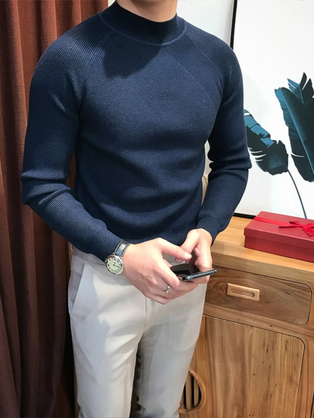 

Мужской вязаный свитер Slim Fit с высоким воротником и длинными рукавами, базовый слой, модный, осенне-зимний, молодежный, энергичный стиль