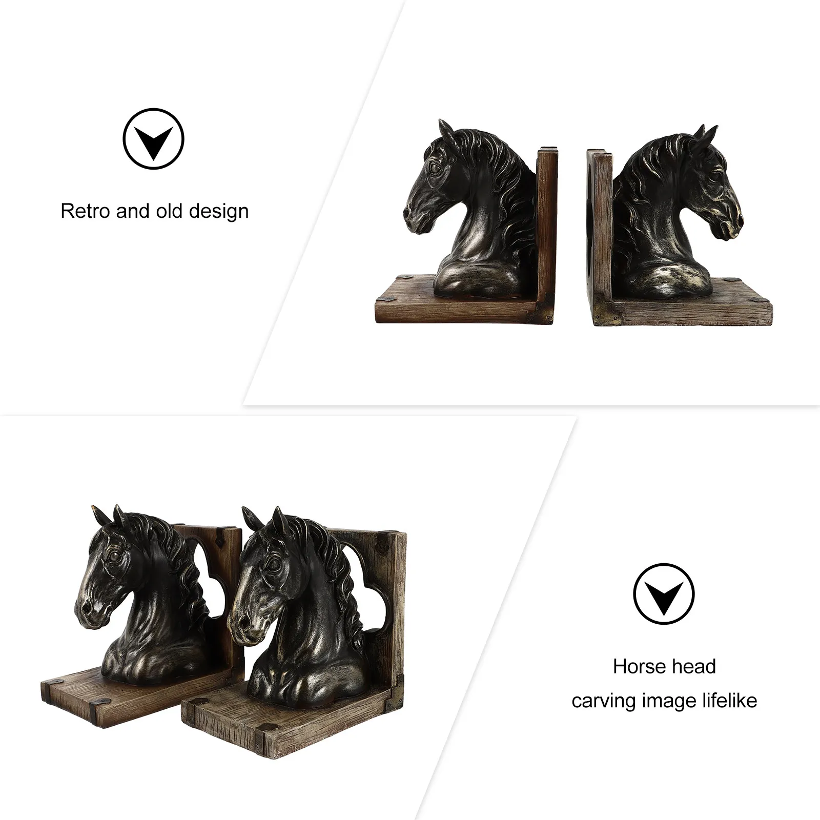 1Pair Exquisite Horse Head Bookends High Quality Resin Book Stopper Retro Design Decorative Bookshelf Fitting for Study Room