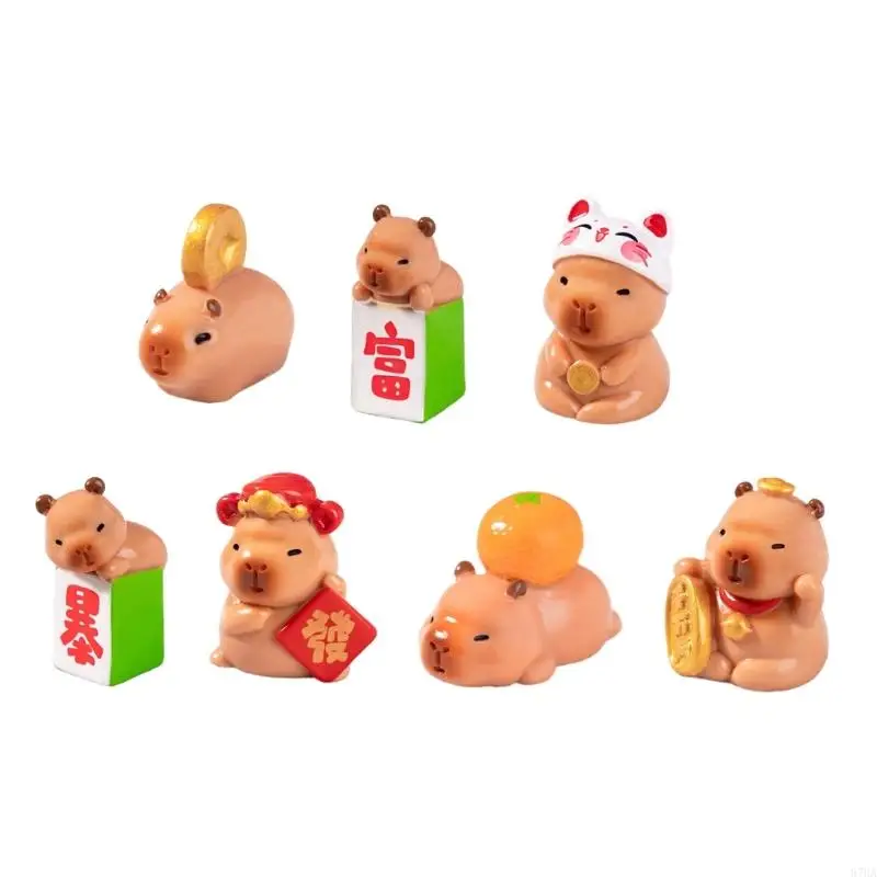 Miniature Capybara Figurines 7Pieces Resins Lucky Fortunes Figures Ornaments for Home Office Desktop Shelves Decoration 87HA