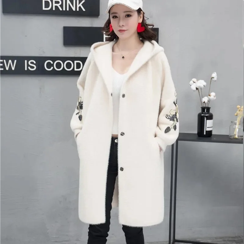 

Thickened Autumn and Winter New Imitation Mink fur Coat Women's Medium Long Embroidered Knitted Cardigan Hooded Mink fur Coat WS