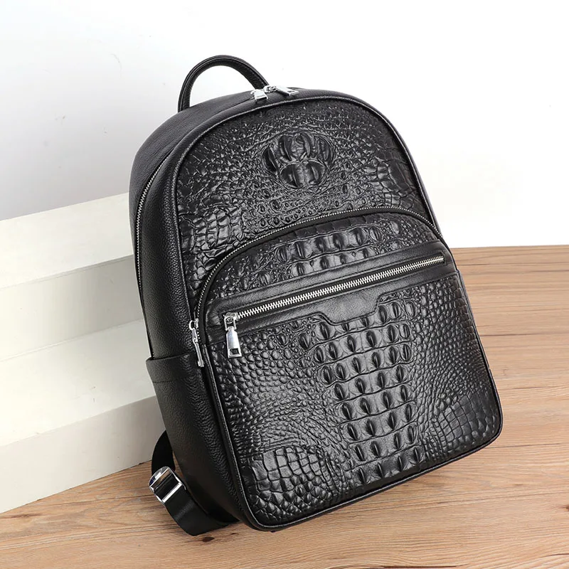 Fashion Real Cowhide Leather Backpack High Quality Crocodile Patterned Men\'s Backpack Genuine Leather Laptop Bag Male Travle Bag