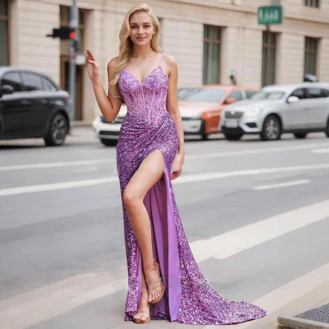 

Сексуальное фиолетовое вечернее платье с блестками и v-образным вырезом на бретелях, длинное платье русалки для выпускного вечера, пышное платье на день рождения, Robe De Soiree