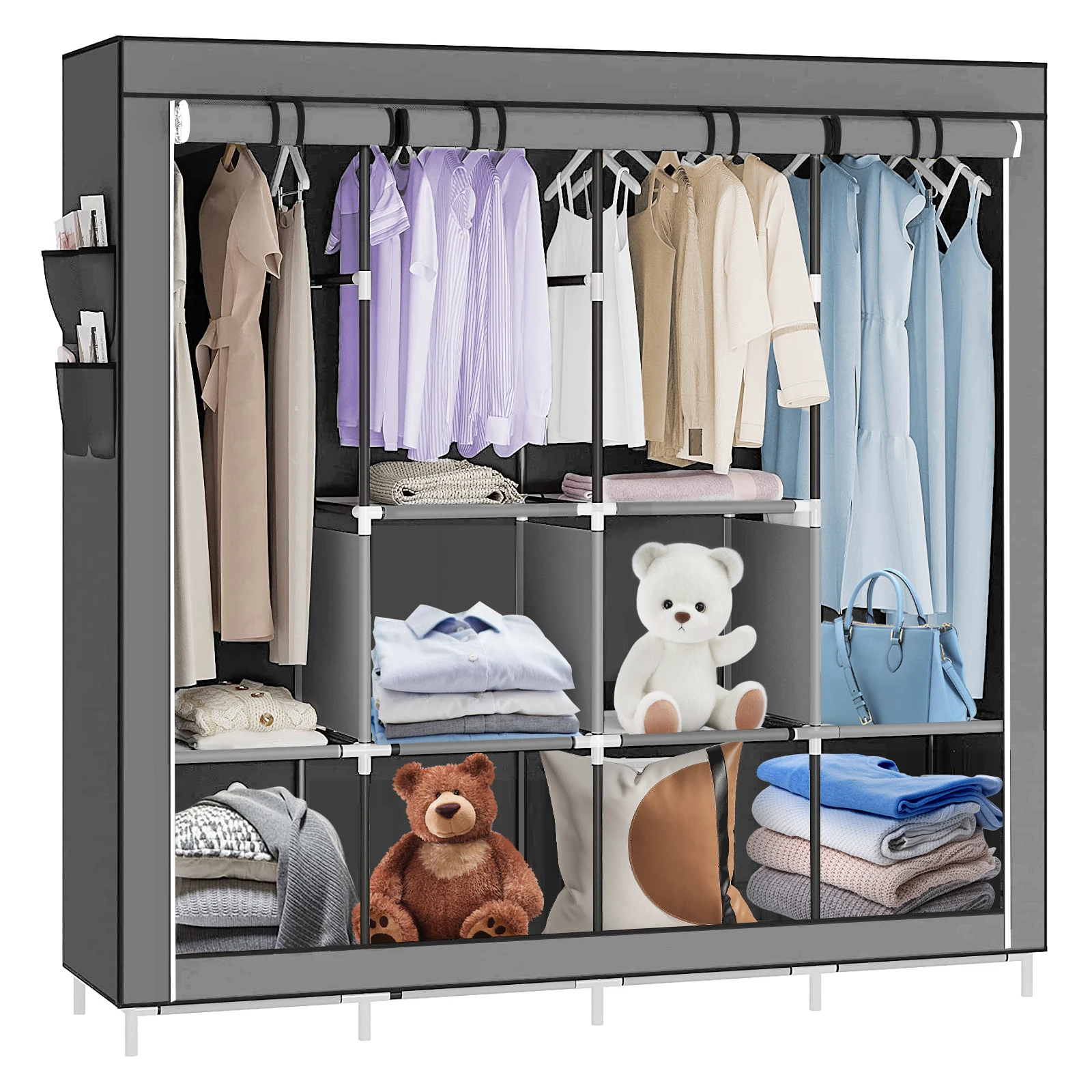 Armadio spazioso e pieghevole, realizzato in tessuto non tessuto, ideale per riporre vestiti – grigio/nero.