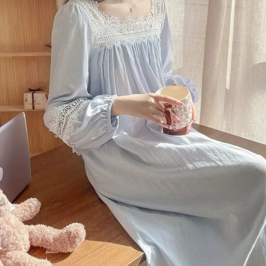 

Кружевная ночная рубашка с длинными рукавами в стиле принцессы для женщин, корейский стиль, дворцовая домашняя одежда, элегантная ночная рубашка, пижама Femme, хлопковая пижама