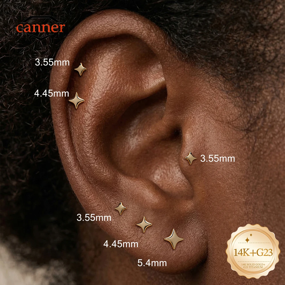 CANNER 1PC 14K Solid Gold Earring Mini Glossy Four-Pointed Star CZ G23 Titanium Flat Back Cartilage Piercing Stud Jewelry Gift