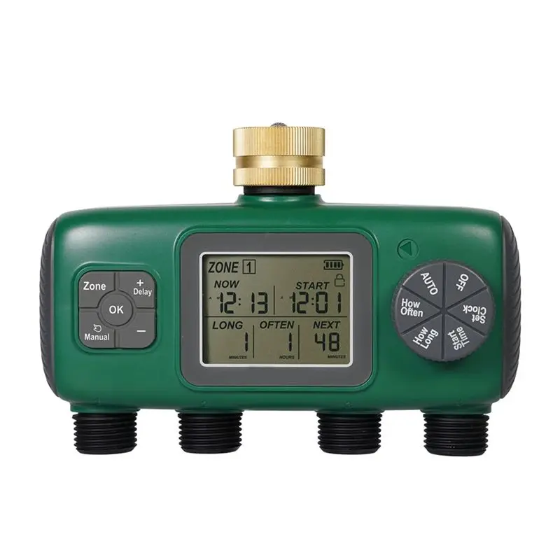 NEW HOT In Stock-Water Timer Brass Inlet LCD Display Screen Rotary Knob Control Rain Delay Child Lock Garden Sprinkler 4-Outlet