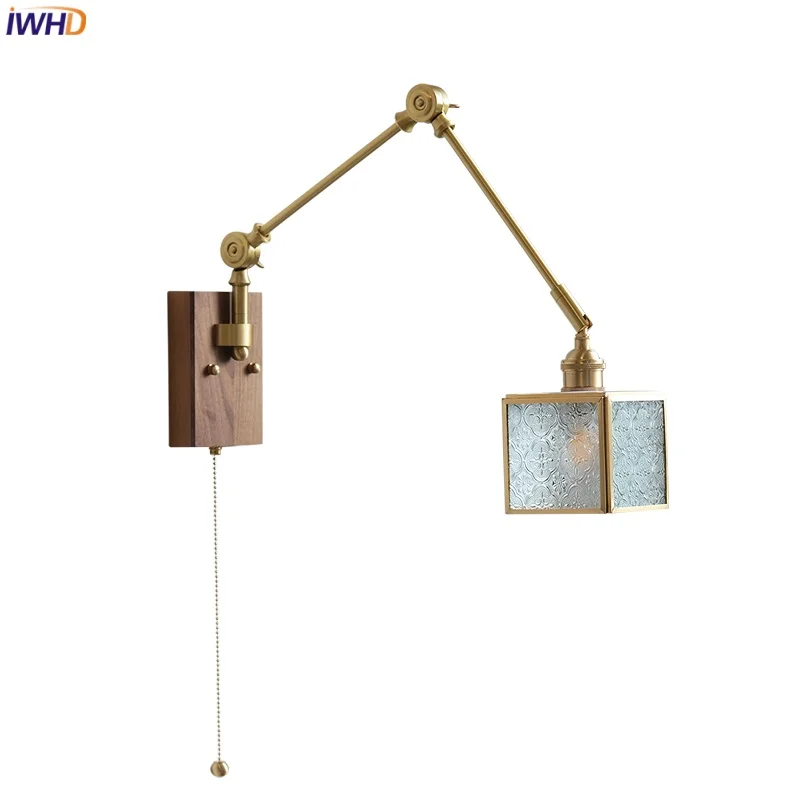 

IWHD Cube Glass LED Wall Lamp Sconce Balcony Bedroom Modern Pull Chain Switch Walnut Wood 2 Arms Rotatable Bathroom Mirror Light