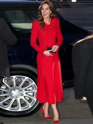 Principessa Kate Middleton Nuova moda di lusso Autunno Alta qualità Donna Elegante Casual Party Office Abiti rossi a maniche lunghe dolci