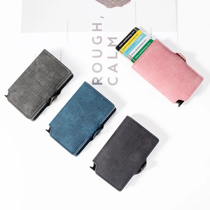 Casekey Male Wallet Fashion Denim Leather Pop Up Card Holder Anti-theft Aluminum Metal Smart Wallet Mini Purse Money Bag for Men