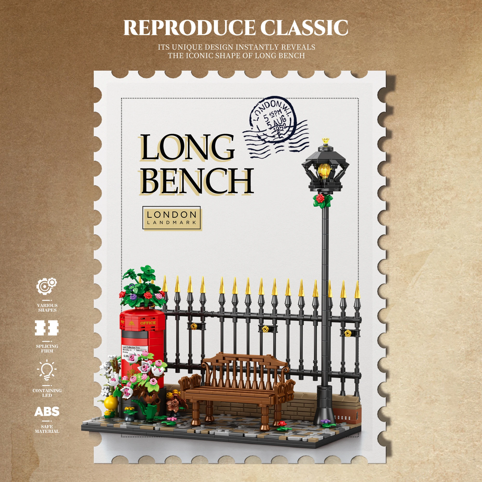 1057PCS Idea Long Bench Building Blocks British Street Scene Model With Light Red Post Box Iron Fence Flower Brick Adult Gift